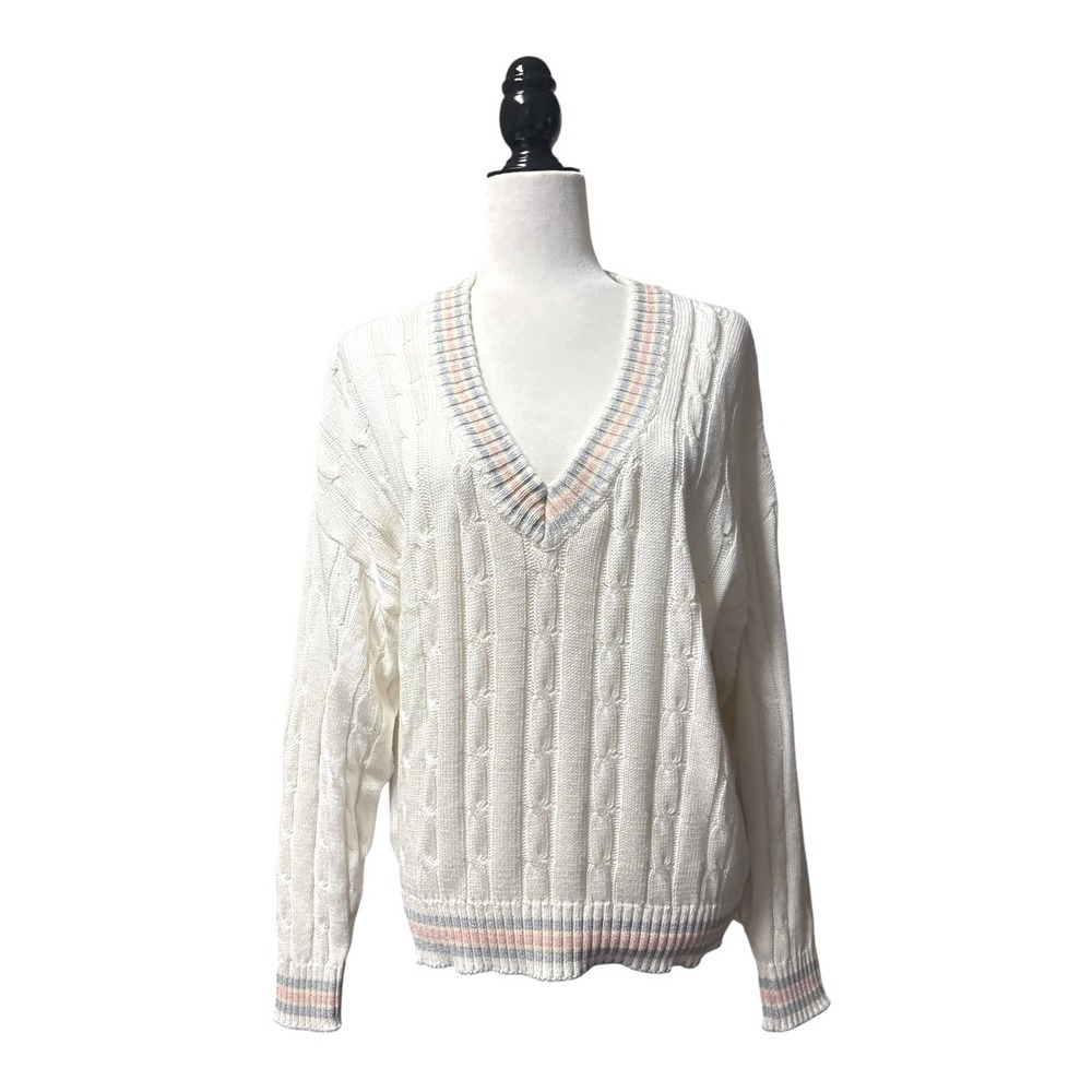 Vintage Cable Knit Cricket Sweater Made in Great Britain Oversize XL Pastel Trim